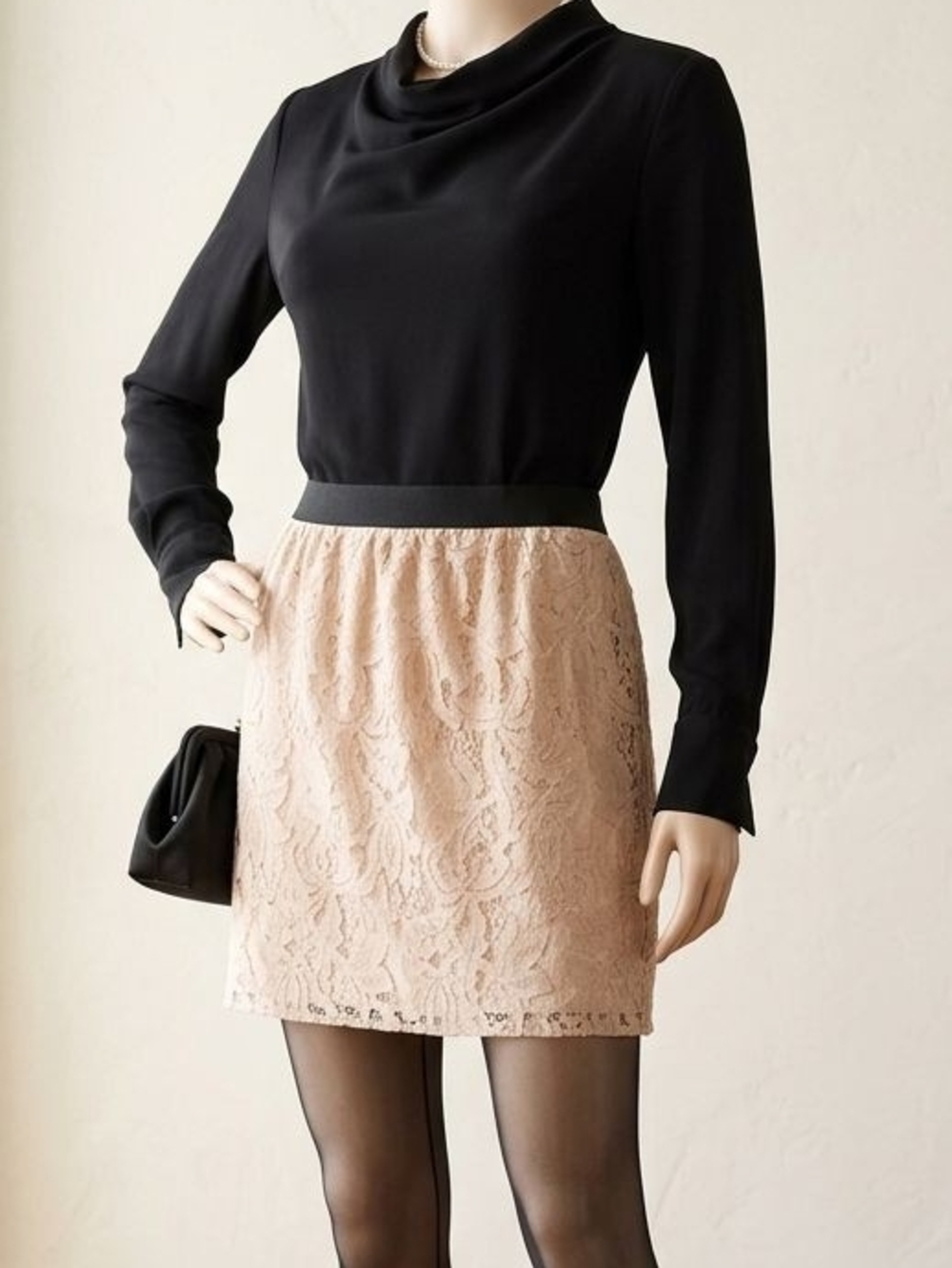 LOFT Black Top with Blush Lace Mini Skirt